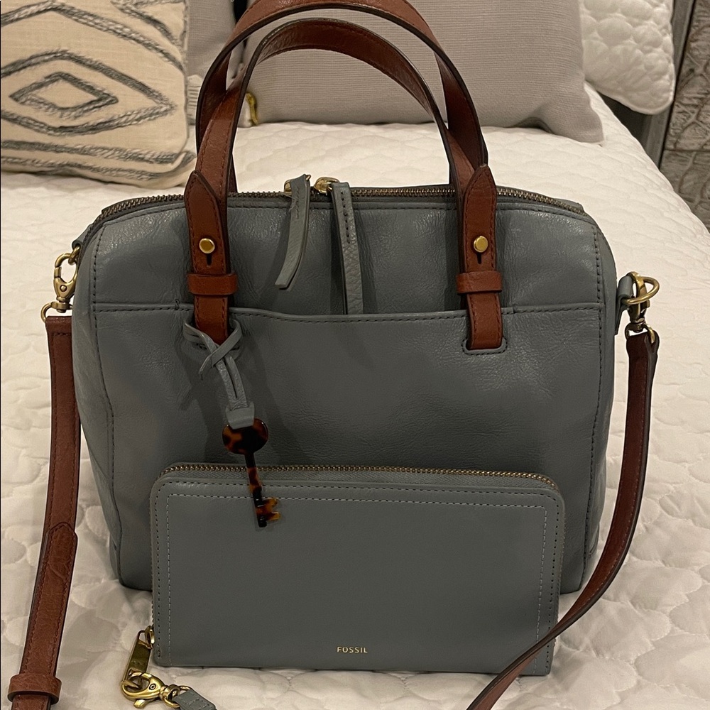 Fossil Women's Blue/Gray Leather Satchel with Brown Handles and wristlet Wallet